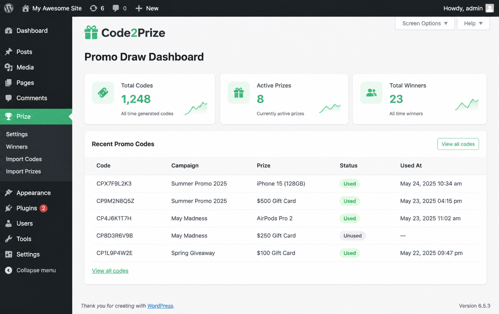 Promo Draw dashboard