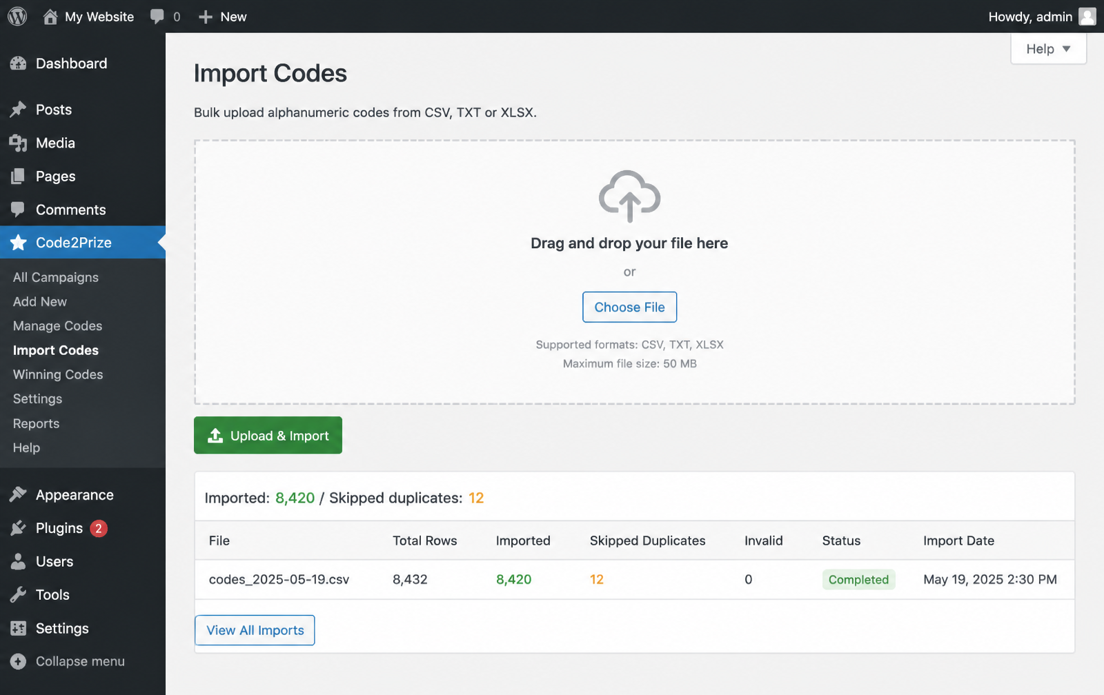 Import Codes screen